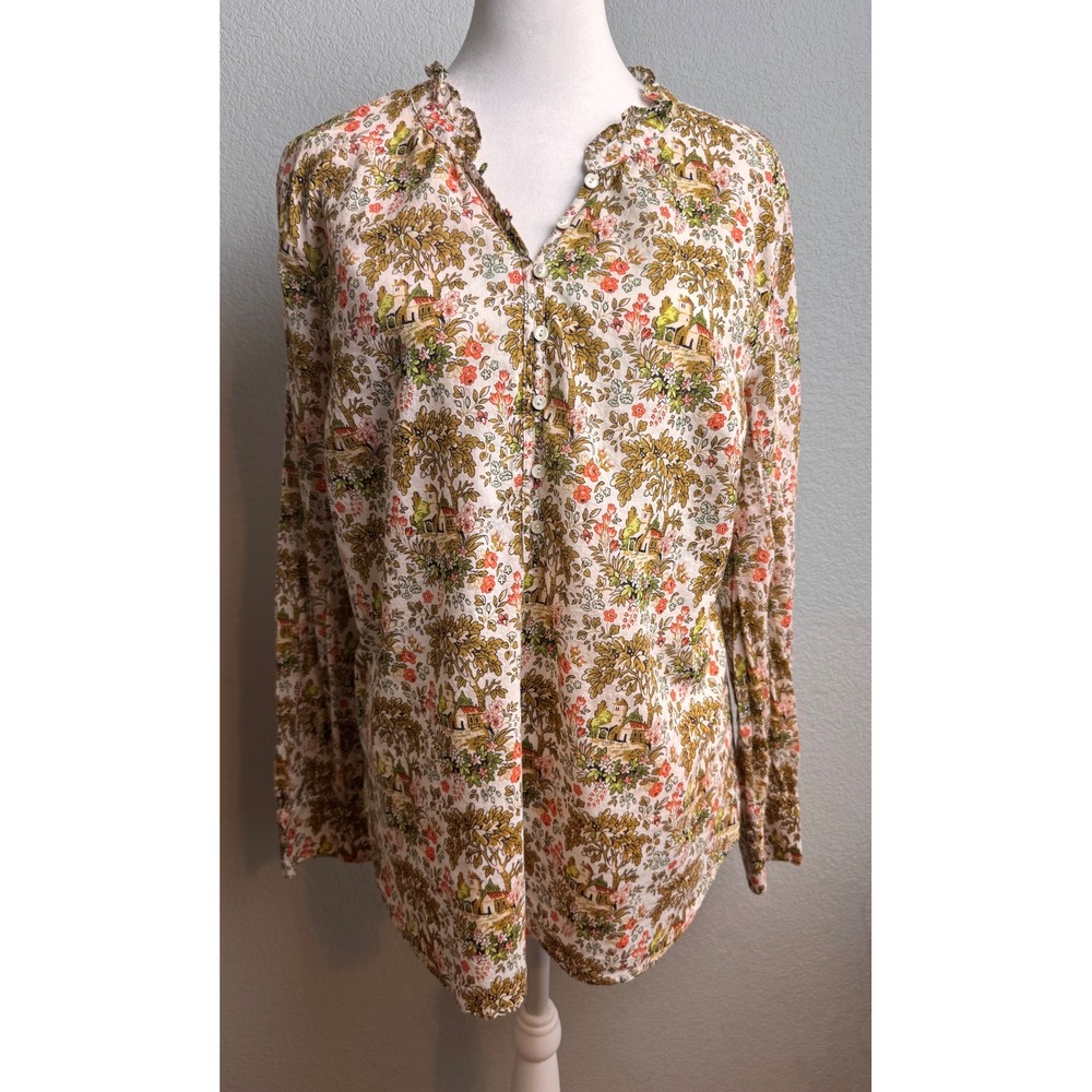 Talbots Tuscan Countryside Chateau Patterned‎ Ruffle Neck Blouse Top Large - Picture 2 of 14